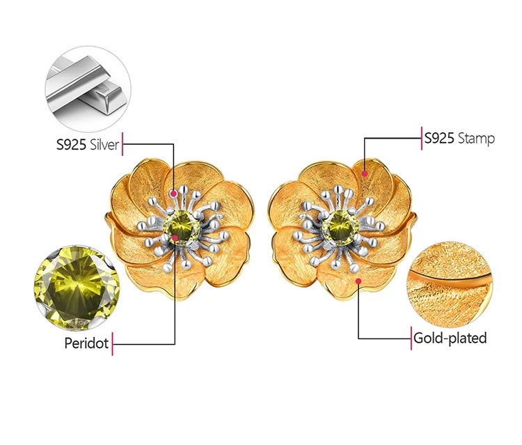 Handgefertigte Ohrstecker "Blühende Anemone" mit Peridot Silber