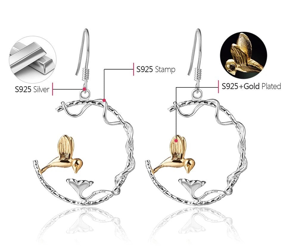 Handmade hummingbird bird drinking from the flower, 925 silver, 18K gold
