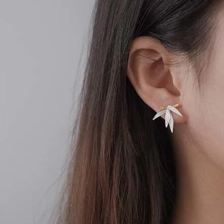 Handmade Large Stud Earrings "Bamboo Leaves", 925 Silver, 18K Gold