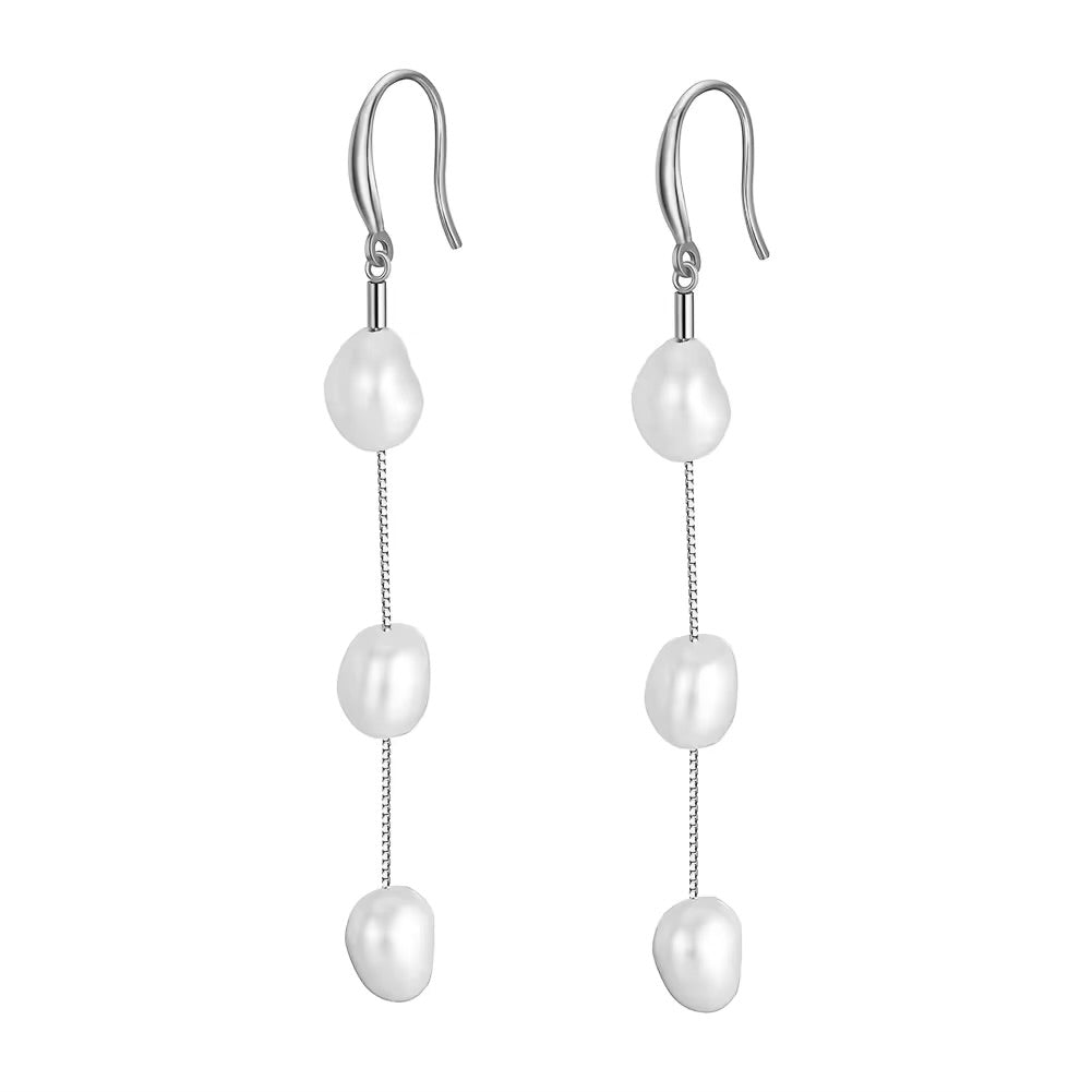 Elegant drop earrings 3 freshwater pearls, 925 silver, 14K gold