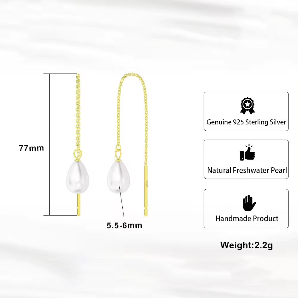 Kettenohrringe mit kleiner Süßwasserperle, 925er Silber, 14K Gold