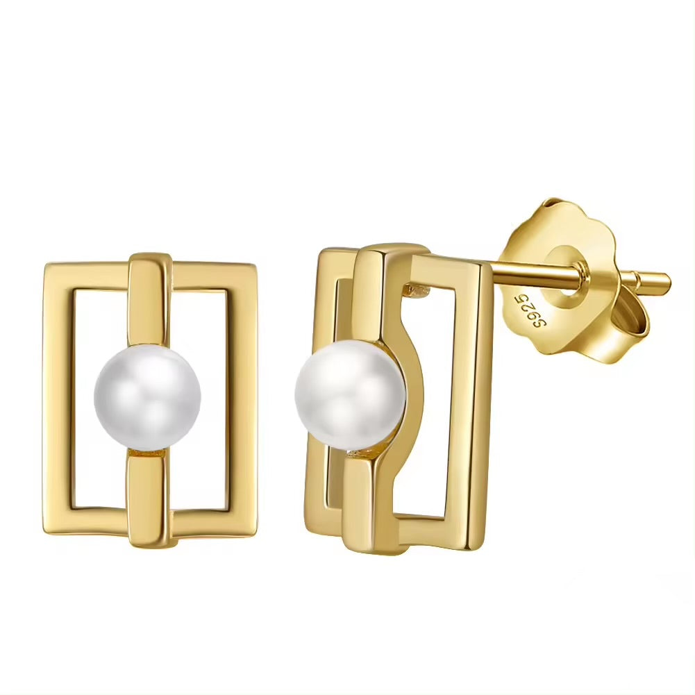 Small Geometric Stud Earrings Square with Pearl