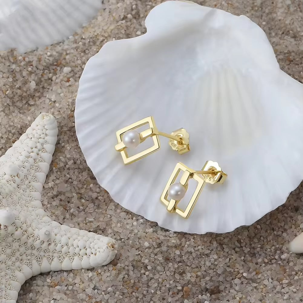 Small Geometric Stud Earrings Square with Pearl
