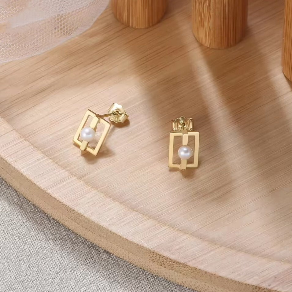 Small Geometric Stud Earrings Square with Pearl