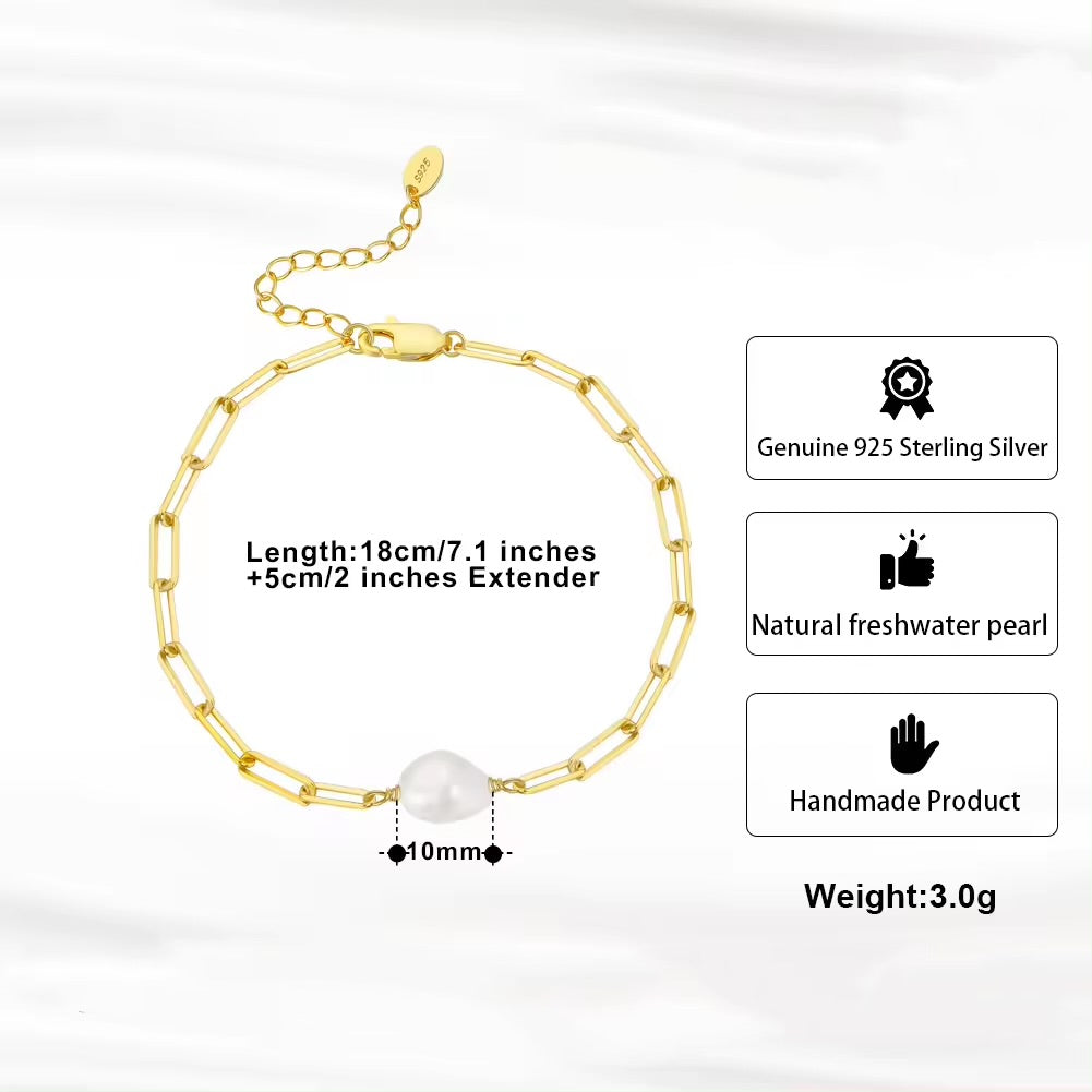Link bracelet with freshwater pearl 925 silver, 14K gold