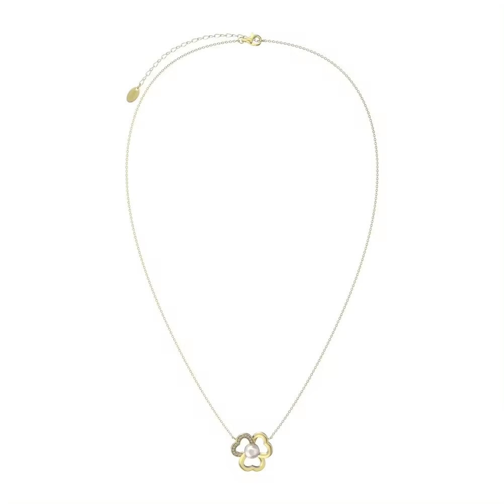 Elegant necklace with flower pendant, freshwater pearl, 925 silver, 14K gold