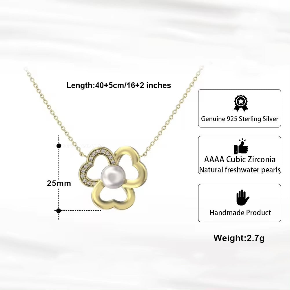 Elegant necklace with flower pendant, freshwater pearl, 925 silver, 14K gold