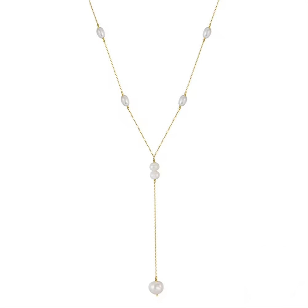 Modern elegant pearl necklace, 925 silver, 14K gold