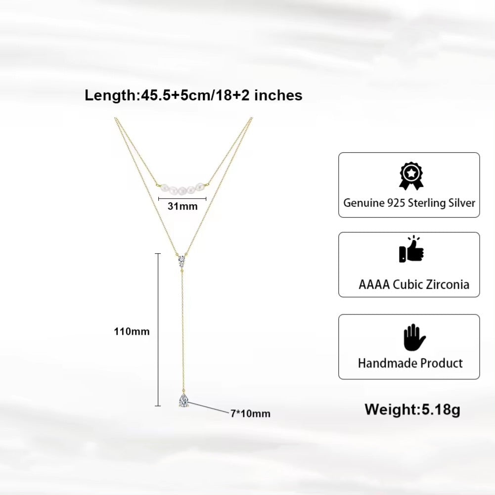 Elegant Modern Double Necklace Pearls and Zircon, 925 Silver, 14K Gold