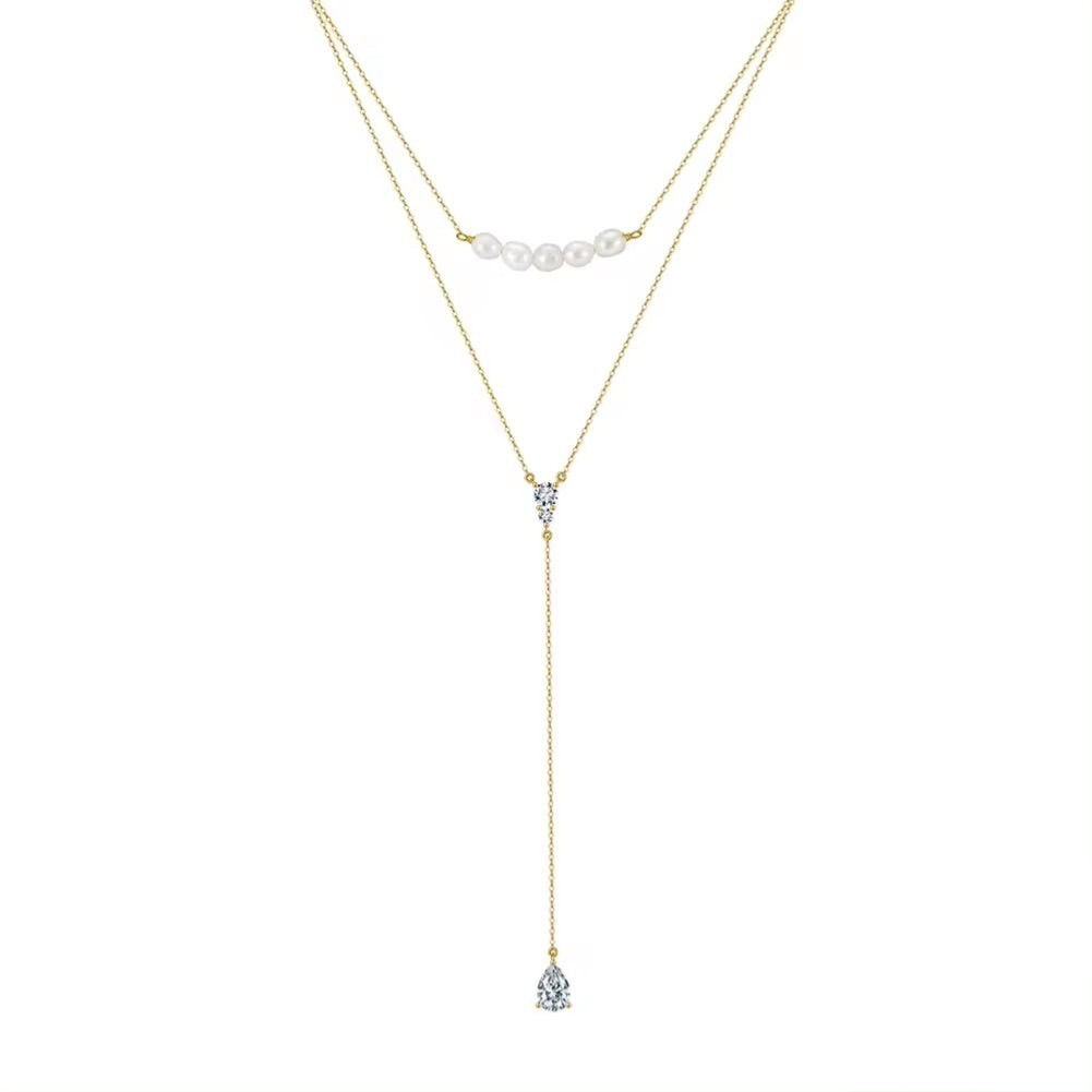 Elegant Modern Double Necklace Pearls and Zircon, 925 Silver, 14K Gold