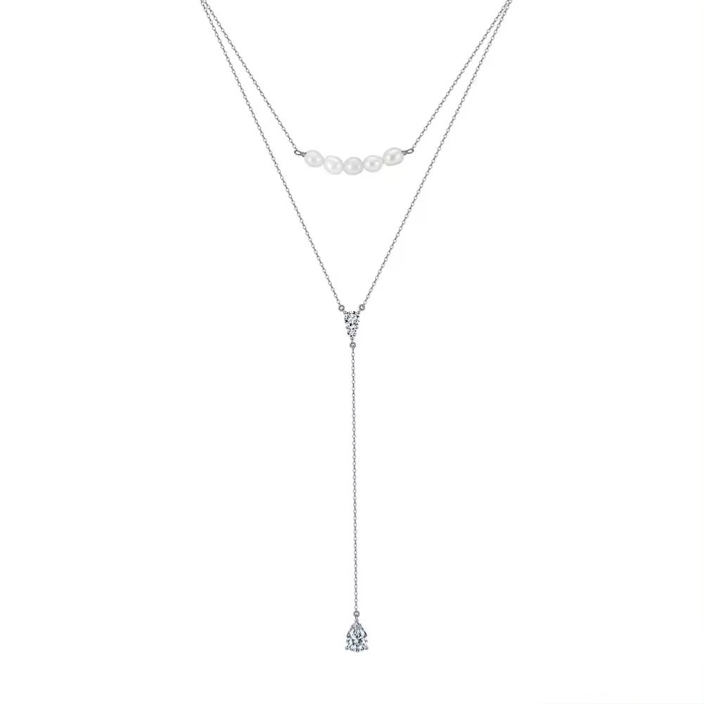 Elegant Modern Double Necklace Pearls and Zircon, 925 Silver, 14K Gold