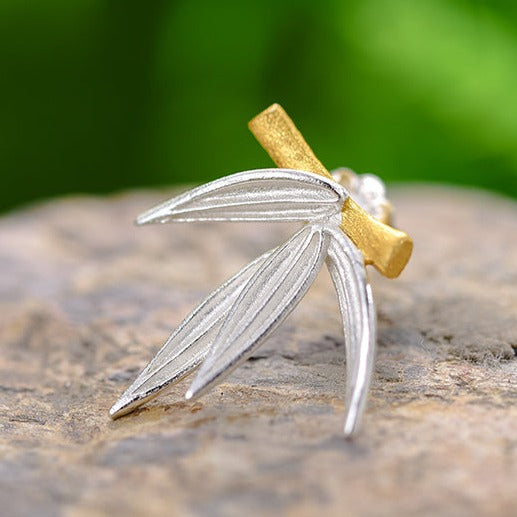 Handmade Large Stud Earrings "Bamboo Leaves", 925 Silver, 18K Gold
