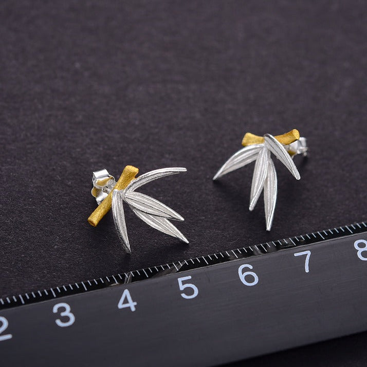 Handmade Large Stud Earrings "Bamboo Leaves", 925 Silver, 18K Gold