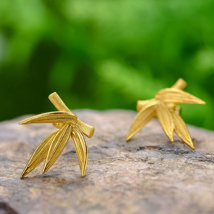Handmade Large Stud Earrings "Bamboo Leaves", 925 Silver, 18K Gold