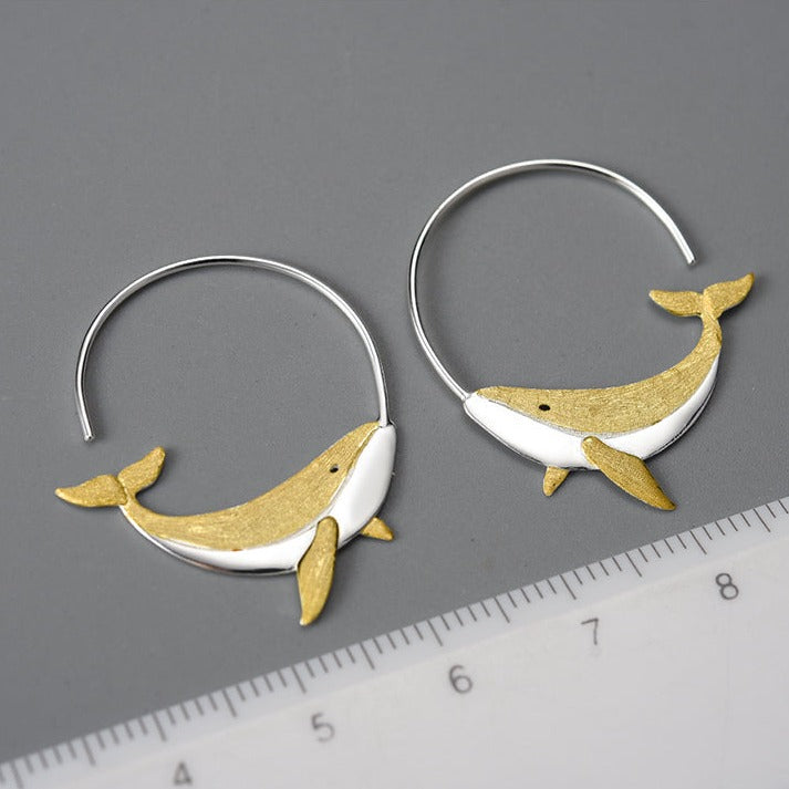 Hoop earrings "Little Whale", 925 silver, 18K gold