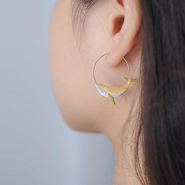 Hoop earrings "Little Whale", 925 silver, 18K gold