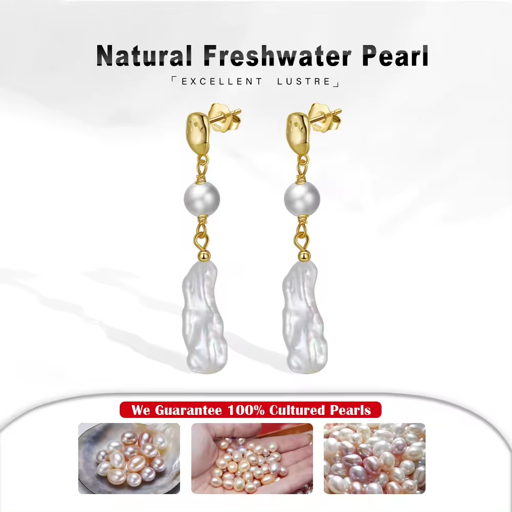 Handmade Hammered Earrings with Irregular Baroque Pearls Gold