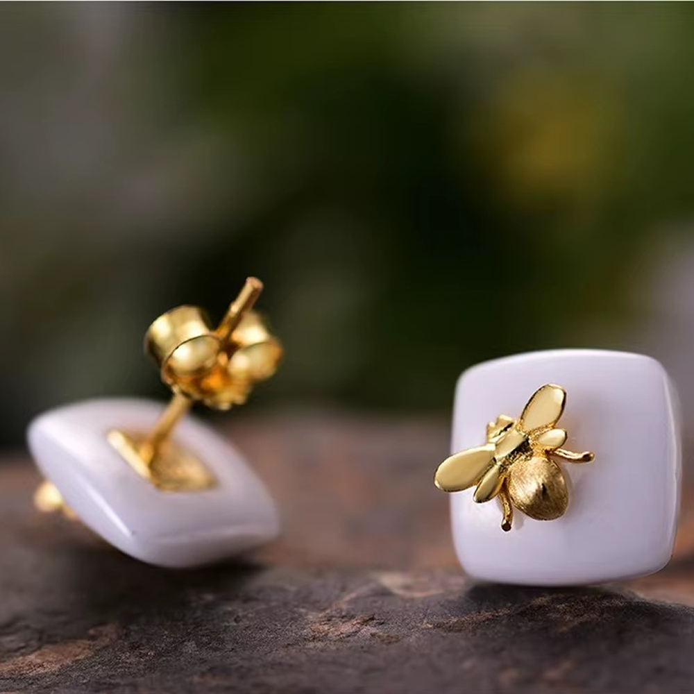 Keramik Quadrat Ohrstecker mit Schmetterling, 925er Silber, 18K Gold