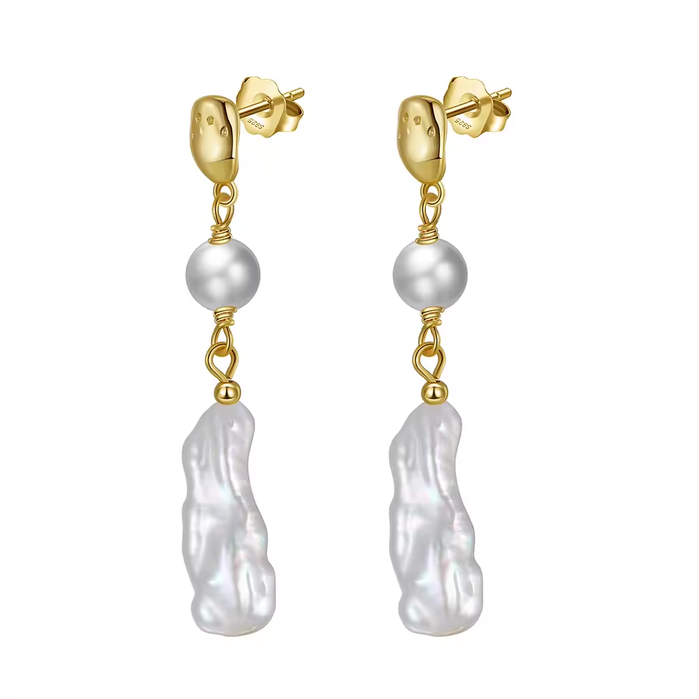 Handmade Hammered Earrings with Irregular Baroque Pearls Gold