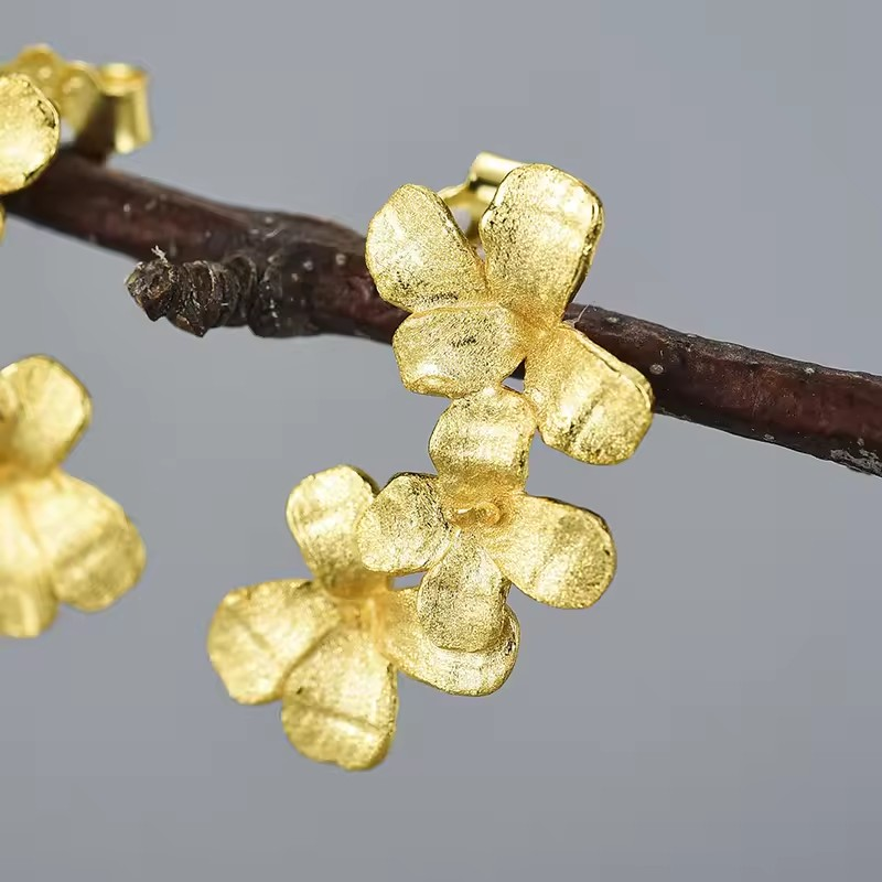 Delicate Blossom Stud Earrings, 925 Silver, 18K Gold