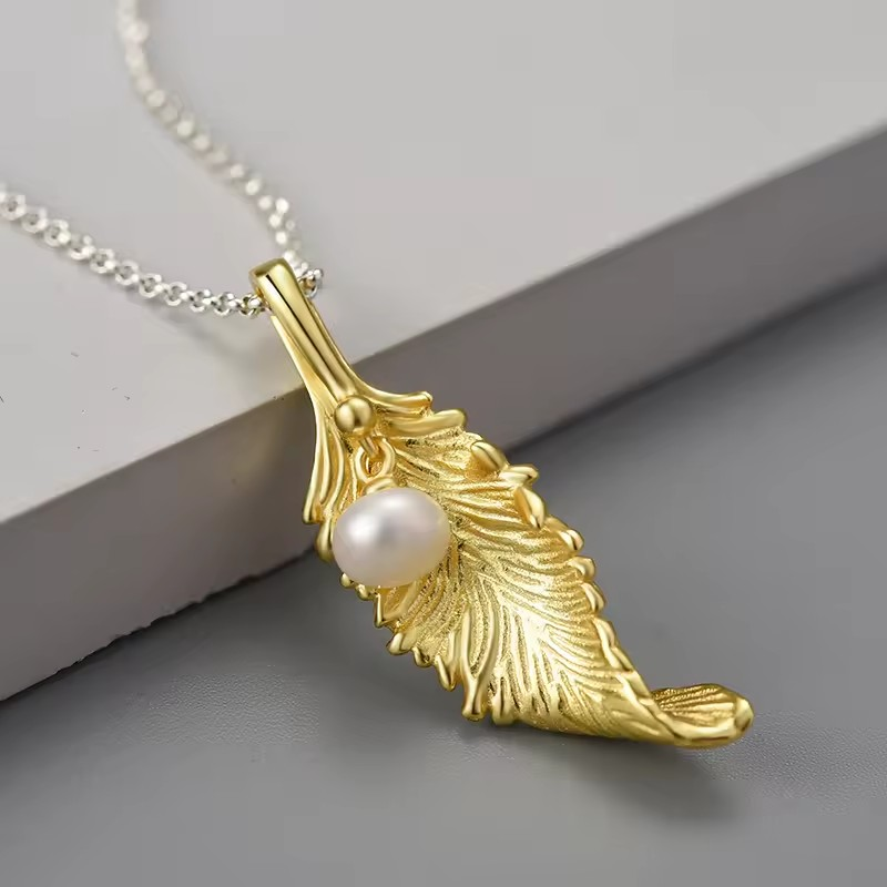 Halskette mit Blatt und Perle Anhänger, 925er Silber, 18K Gold