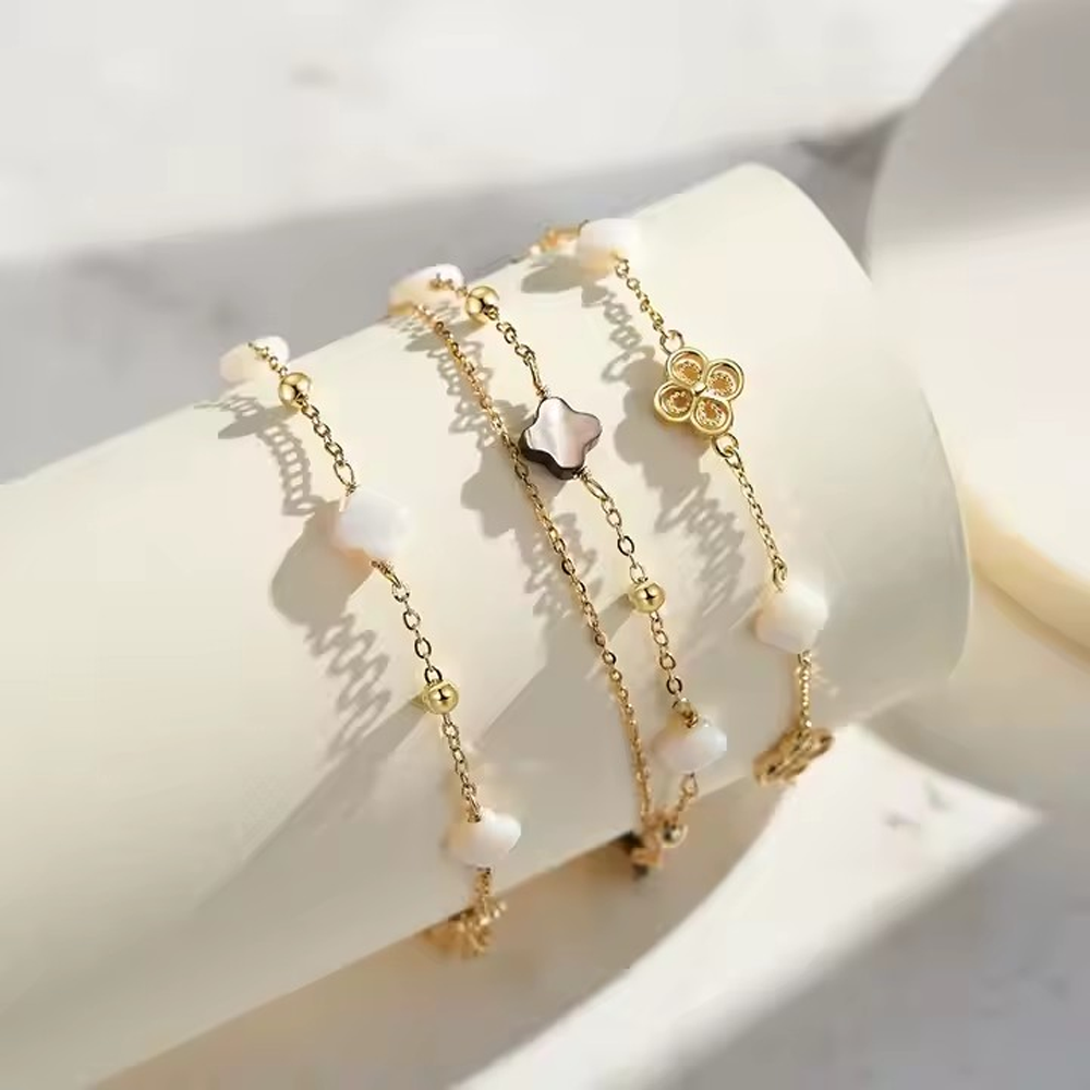 Zartes Armband Kleeblatt mit Muschel, 925 Sterling Silber, 14K Gold