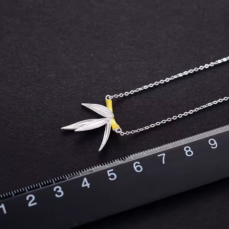 Necklace with bamboo pendant, 925 silver, 18K gold