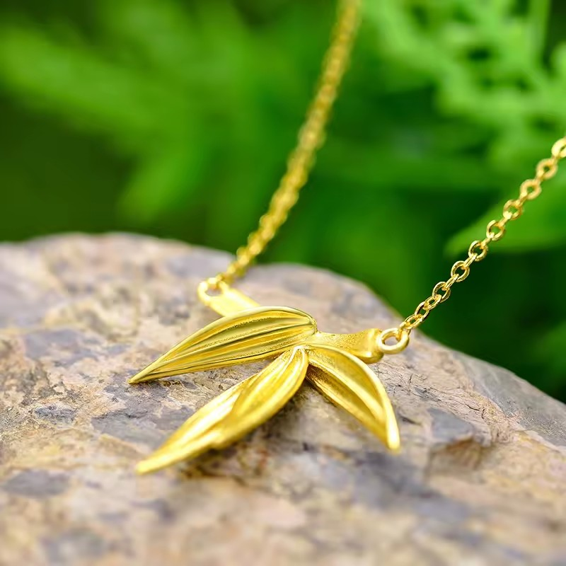 Necklace with bamboo pendant, 925 silver, 18K gold