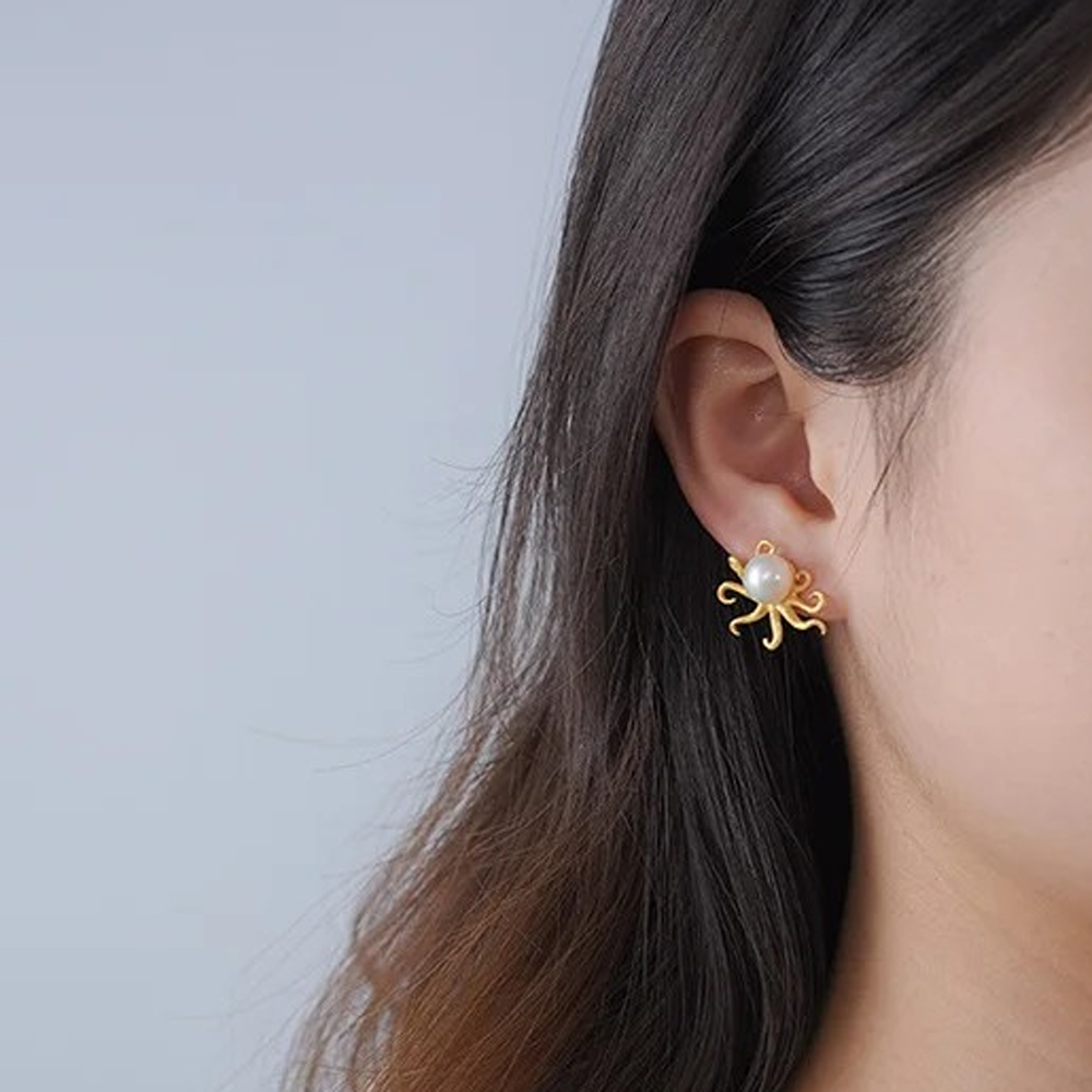 Octopus with Pearl Earrings, 925 Silver, 18K Gold