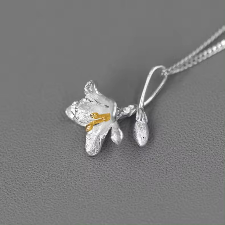 Necklace with small freesia flower, 925 silver, 18K gold