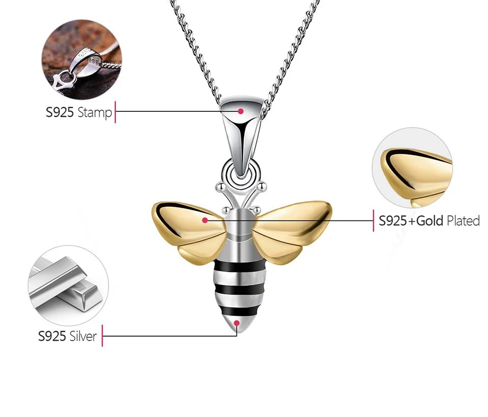 Necklace with bee pendant, 925 silver, 18K gold