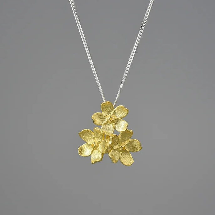 Handmade Forget-me-not necklace wide, 925 silver, 18K gold