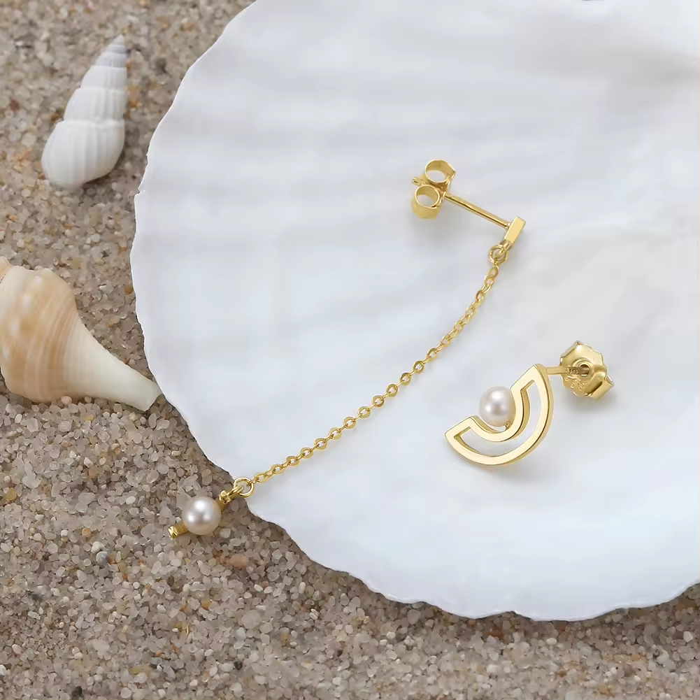Handmade Minimalist Asymmetrical Earrings with Pearl Pendant