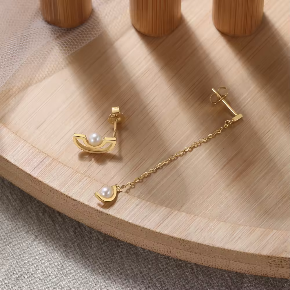 Handmade Minimalist Asymmetrical Earrings with Pearl Pendant