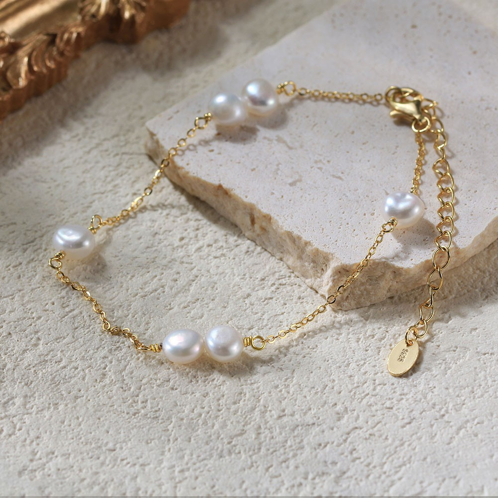Vergoldetes Armband mit Süßwasserperlen – 925 Sterling Silber, 14K Gold