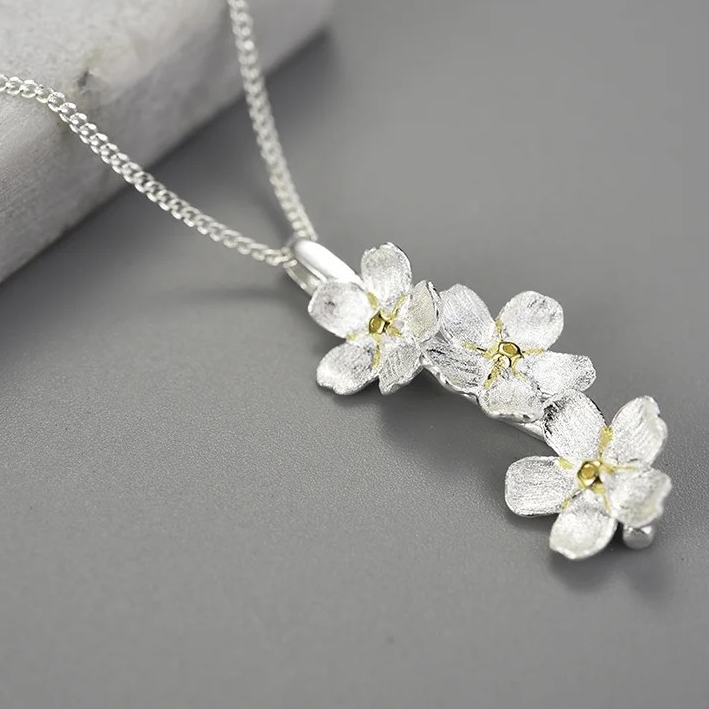 Handmade Forget-me-not necklace long, 925 silver, 18K gold