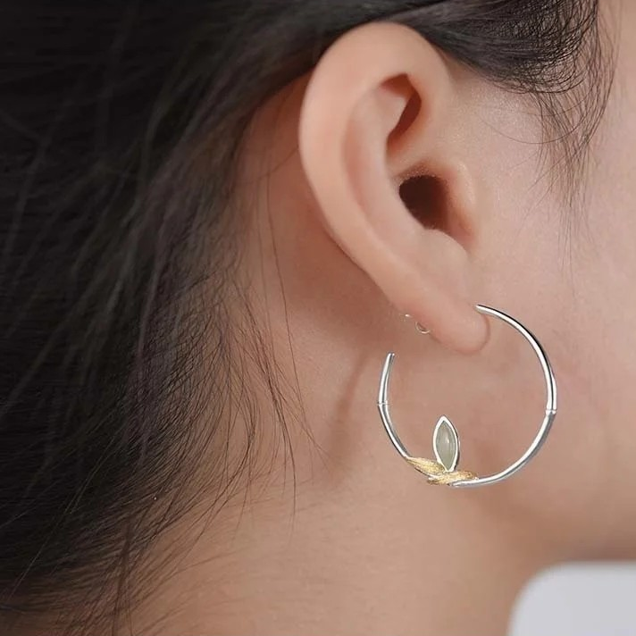 Leaf Hoop Earrings with Natural Aventurine, 925 Silver, 18K Gold