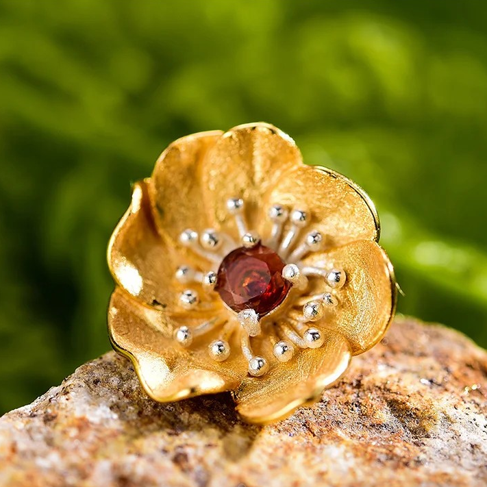 Handmade stud earrings "Blooming Anemone" with garnet