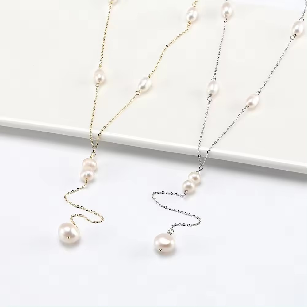Modern elegant pearl necklace, 925 silver, 14K gold