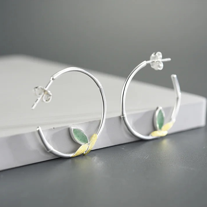 Leaf Hoop Earrings with Natural Aventurine, 925 Silver, 18K Gold