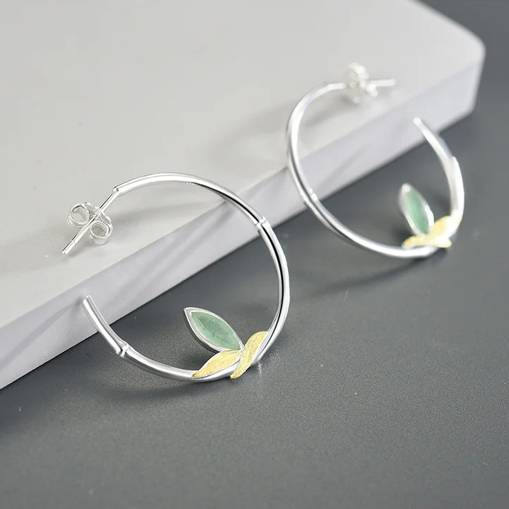 Leaf Hoop Earrings with Natural Aventurine, 925 Silver, 18K Gold