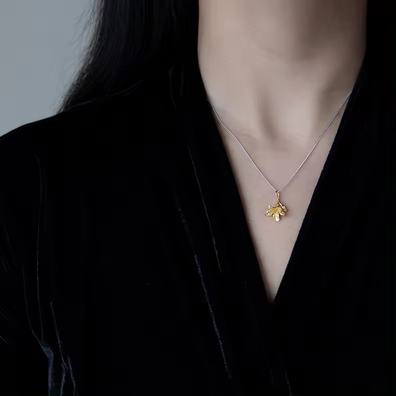 Necklace with small freesia flower, 925 silver, 18K gold