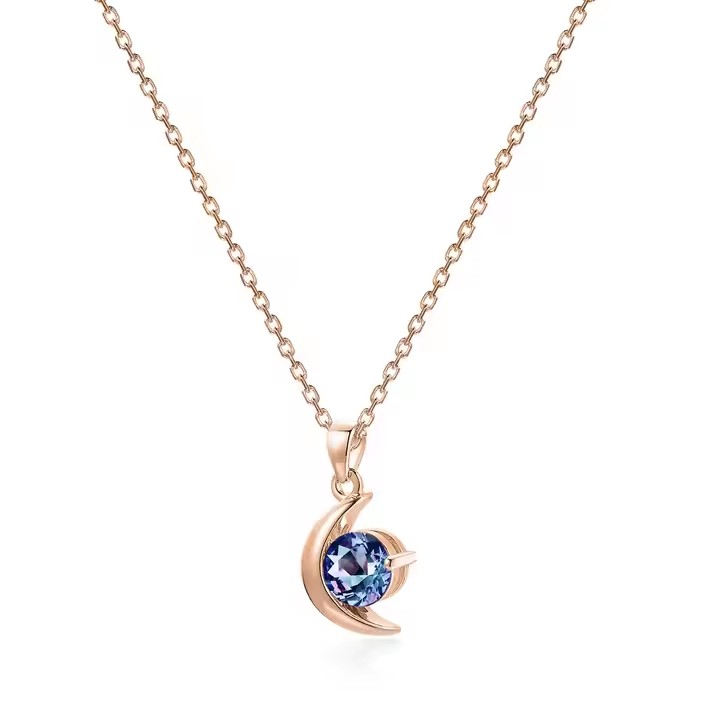 Kette mit Mond und Tropfen Anhänger, 925er Silber, Alexandrit