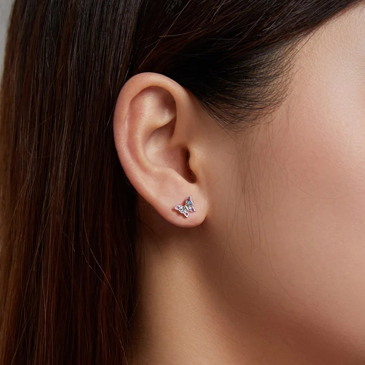 Cute Butterfly, Rainbow Stud Earrings, 925 Silver, Zircon
