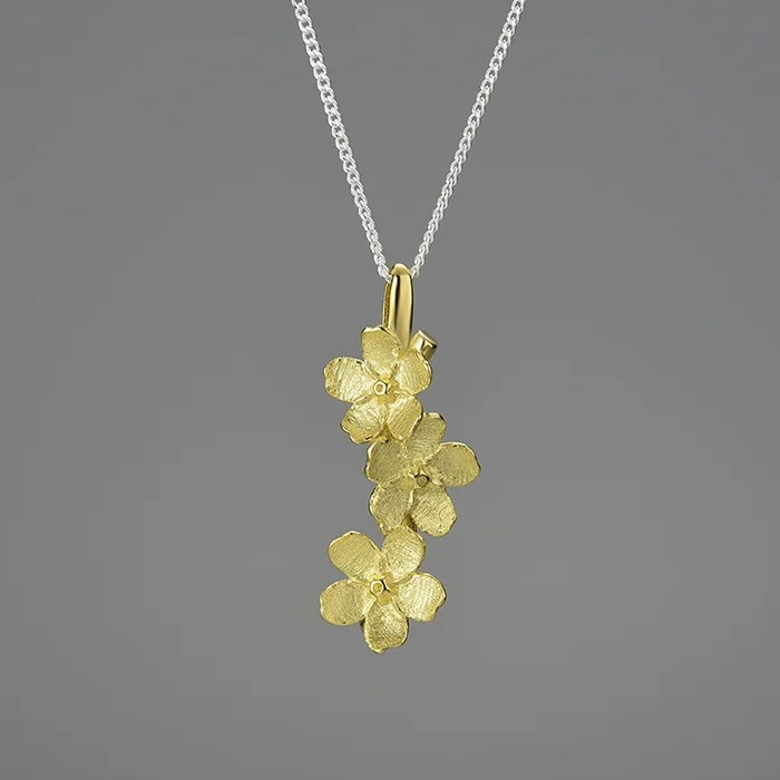 Handmade Forget-me-not necklace long, 925 silver, 18K gold