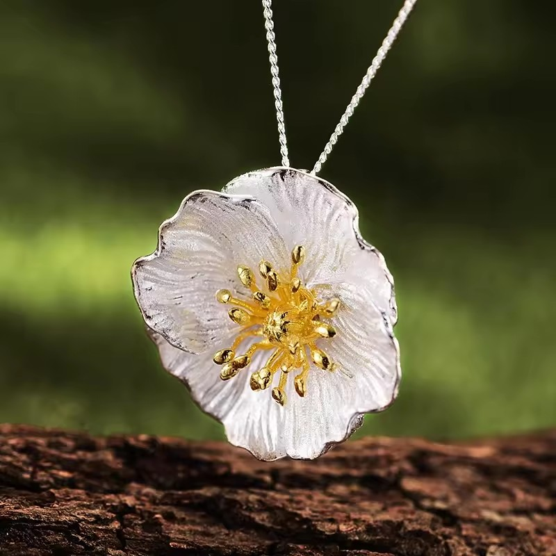 Handmade necklace with poppy pendant, 925 silver, 18K gold