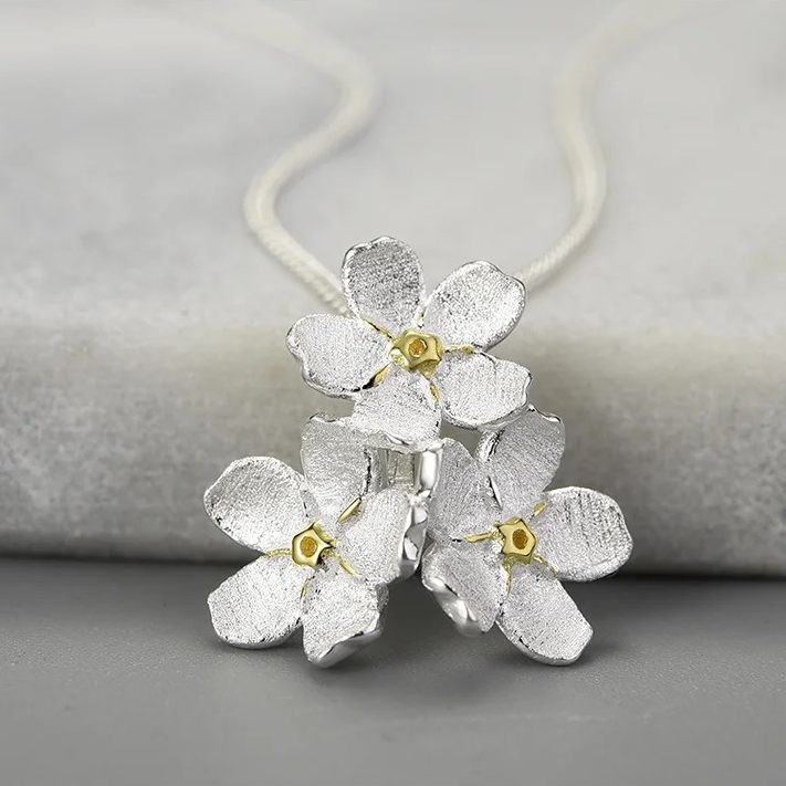 Handmade Forget-me-not necklace wide, 925 silver, 18K gold