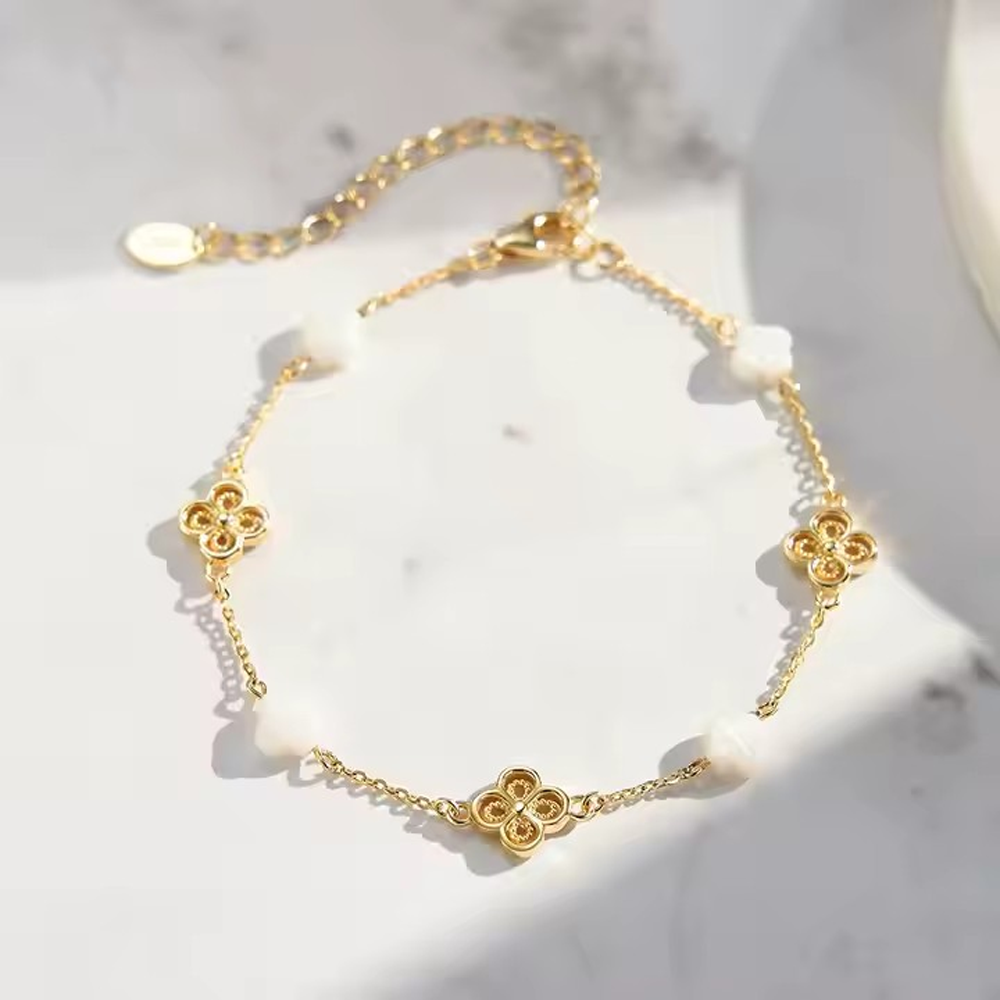 Zartes Armband Kleeblatt mit Muschel, 925 Sterling Silber, 14K Gold
