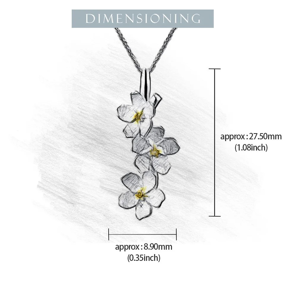 Handmade Forget-me-not necklace long, 925 silver, 18K gold