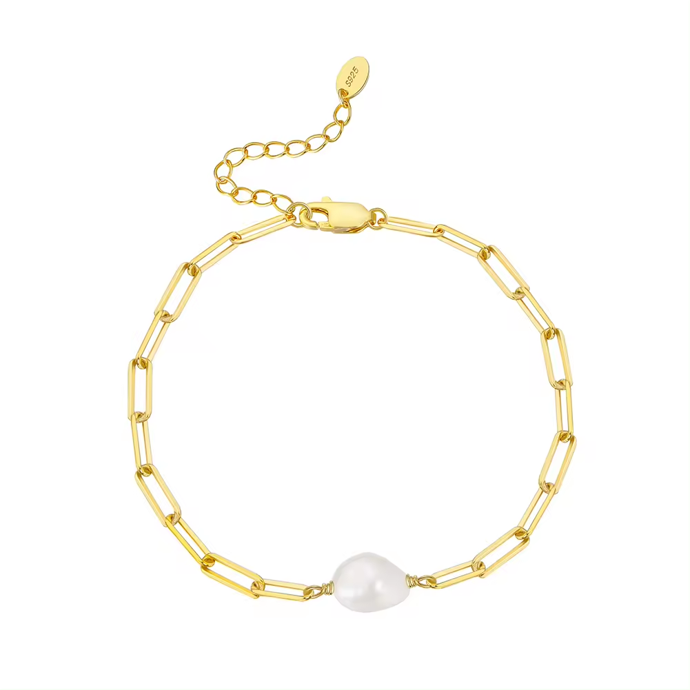 Link bracelet with freshwater pearl 925 silver, 14K gold